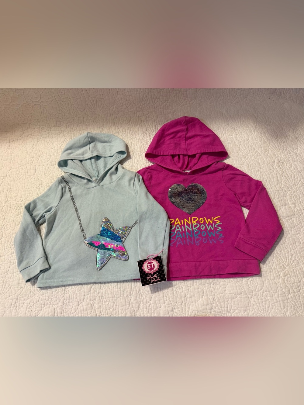 Kidgets Hooded Sequin Star & Heart Tops - Light Blue & Magenta